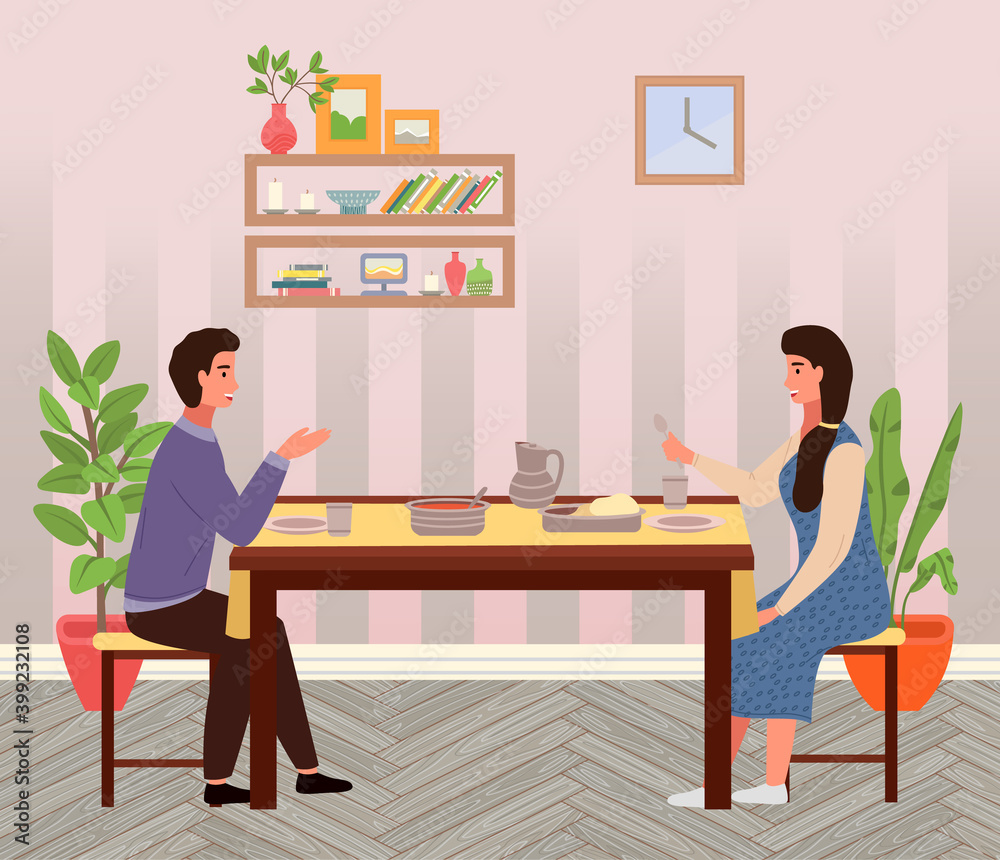 Restaurant in indian style vector illustration. Dining table with pitas and tomato soup. Arrangement of furniture. Couple is eating indian food. Characters in relationship are having dinner