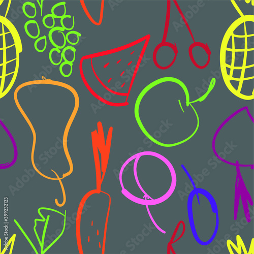 Seamless fruit inversion pattern on dark background. Healthy Doodle vegetarian food cherry, pear, pineapple, orange, Apple, grape. Suitable for textiles, Wallpaper, clothing, etc.