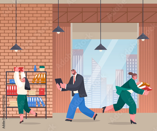 Chaos in office, unorganized office workers in panic, people stressing, solving difficulties, problems, workers and failure deadline, woman with folders running, man with digital tablet, taking box