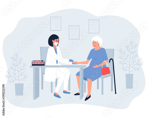 A nurse takes blood from a finger for analysis from an elderly woman. Collecting capillary blood samples from a finger using a lancet in medical institution. Flat vector illustration.
 