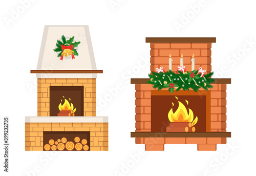 Fireplaces with chimneys and Christmas decoration vector. Wreath made of leaves and branches, mistletoe and pine, garlands and candles lit presents