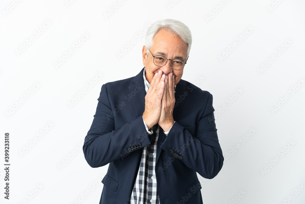 Middle age Brazilian man isolated on white background happy and smiling covering mouth with hands Middle age Brazilian man isolated on white background happy and smiling covering mouth with hands