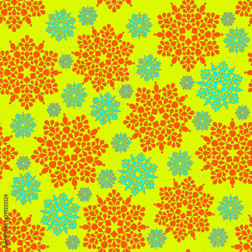 Seamless pattern with colorful snowflakes on a yellow background for fashion prints  fabrics  wrapping paper  textiles  linens.  