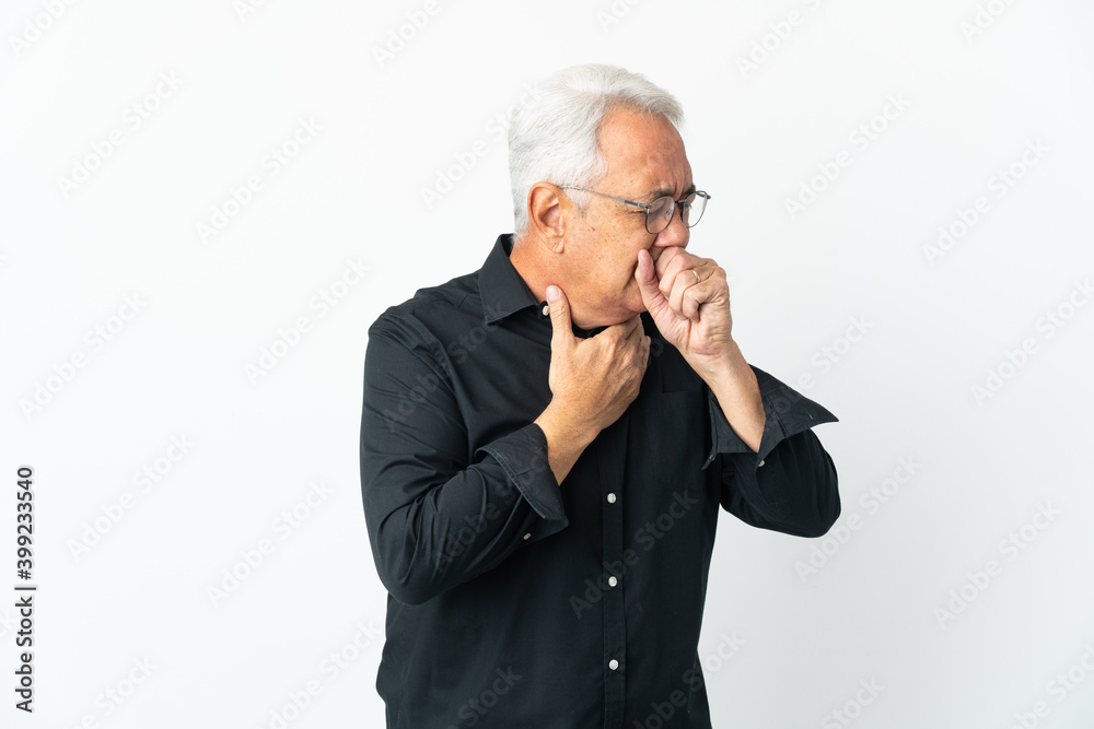 Middle age Brazilian man isolated on white background coughing a lot Middle age Brazilian man isolated on white background coughing a lot