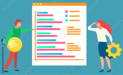 Two people standing near data board with charts and graphics and looking on it. Woman stand with gearwheel in hand. Business tools for innovations and cooperation. Vector illustration flat style