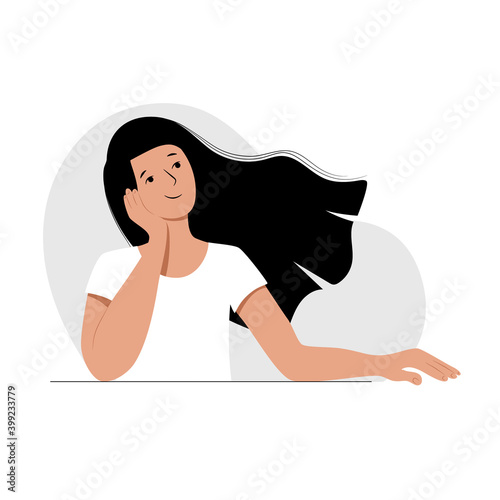 Young woman with long flowing hair sits with her cheek on her hand smiles. Concept character of daydreaming thinking good positive mood. Stock vector flat illustration isolated on white background.