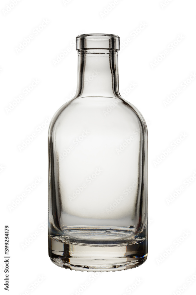 Open glass bottle of standard shape with a thick bottom. Isolated on a white background