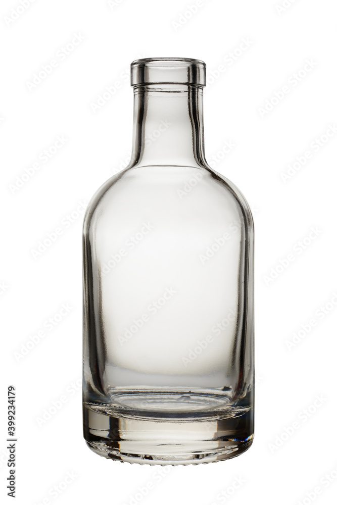 Open glass bottle of standard shape with a thick bottom. Isolated on a white background Open glass bottle of standard shape with a thick bottom. Isolated on a white background