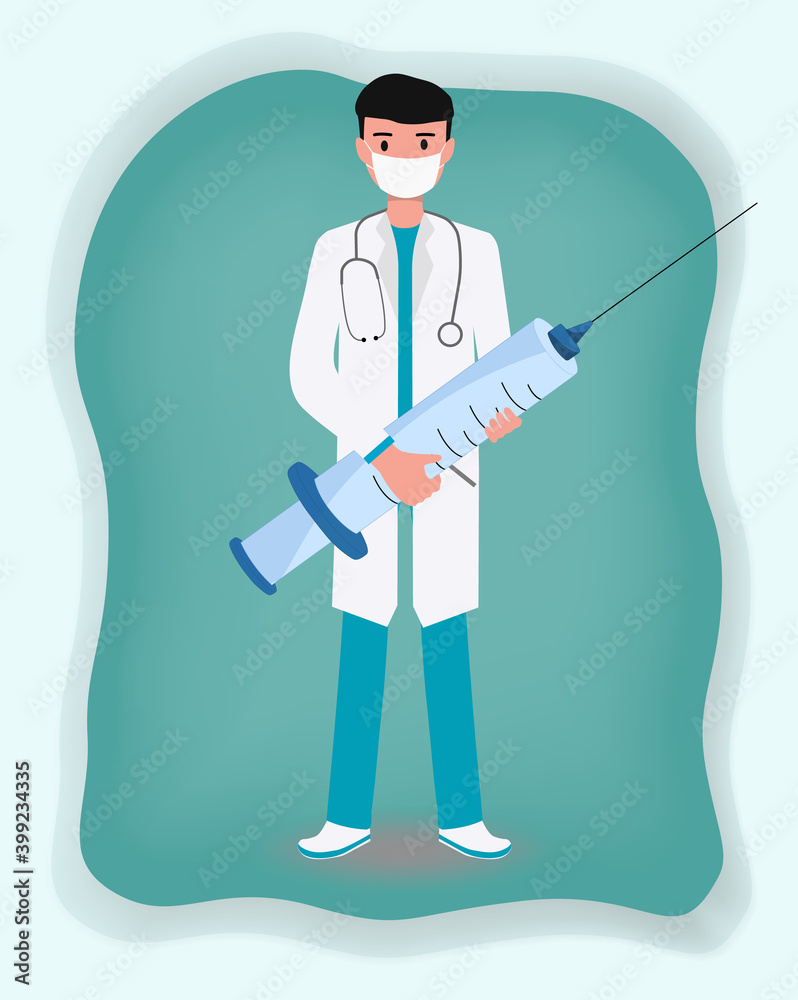 Doctor holds large syringe with vaccine. Doctor prevents epidemic. Vaccination concept. Vector illustration. Doctor holds large syringe with vaccine. Doctor prevents epidemic. Vaccination concept. Vector illustration.