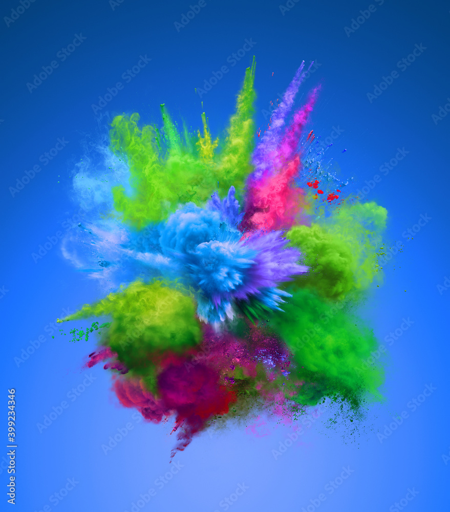Fototapeta premium Bright colorful explosion of blue and green powder