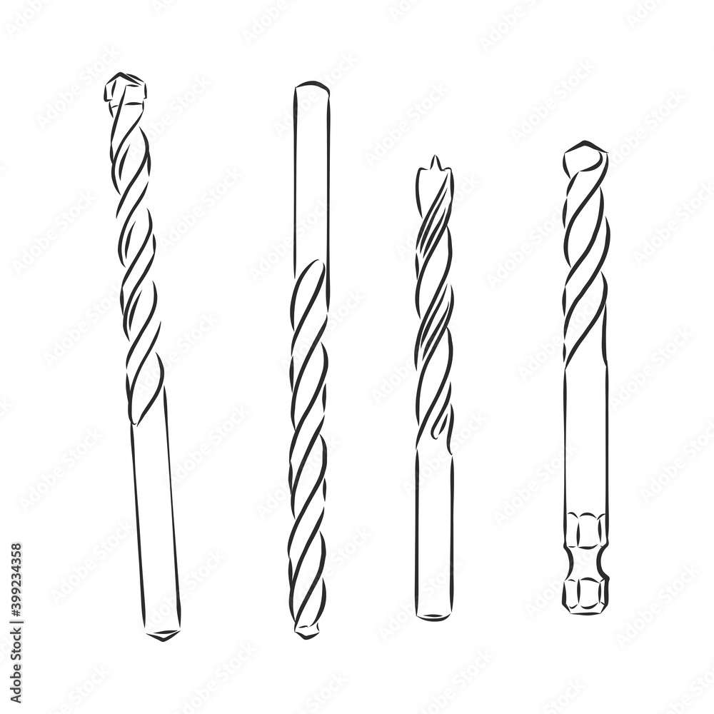 Vetor do Stock Drills. Set of drilling tools for metal and wood