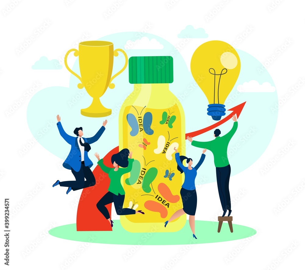 Success business idea, trophy symbol for man woman people concept, vector illustration. Businessman woman person character make successful innovation design, solution for company growth. Success business idea, trophy symbol for man woman people concept, vector illustration. Businessman woman person character make successful innovation design, solution for company growth.