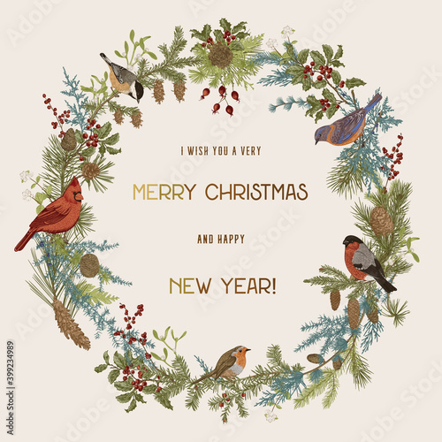 Vintage vector wreath. Winter birds. Botanical illustrations. Merry Christmas and Happy New Year. Greeting card.