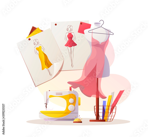 Sewing machine, mannequin, dress.  Sketches, fabric, pincushion. Fashion design, dressmaking, sewing workshop or courses, tailoring concept. Vector illustration for banner, advertising.