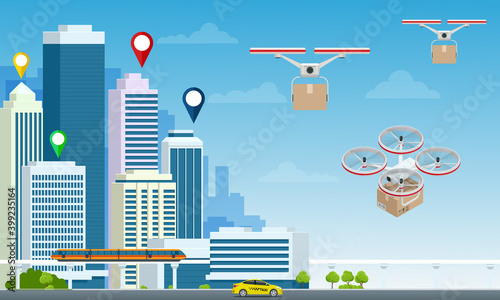 Delivery drone with the cardboard box flying over the town. Quadcopter carrying a package to customer. Technological shipment innovation. Drone delivery service .