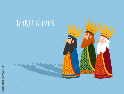 Christmas greeting card, invitation. Three old wise men, kings with crowns and shadows. Biblical magi Caspar, Melchior and Balthazar. Flat design, vector illustration background, web bannner.