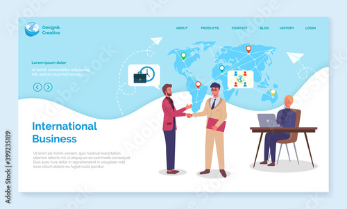 International business. Landing page of business website. Global cooperation with international partners, successful deals, communicating. Global logistic network. Men shaking hands, woman with laptop