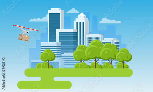 Delivery drone with the cardboard box flying over the town. Quadcopter carrying a package to customer. Technological shipment innovation. Drone delivery service .