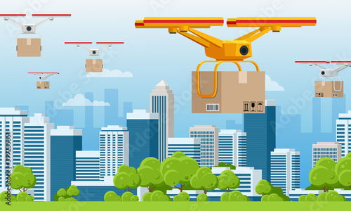 Delivery drone with the cardboard box flying over the town. Quadcopter carrying a package to customer. Technological shipment innovation. Drone delivery service .