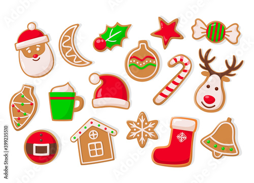 Gingerbread man and baubles ball and stars isolated icons set vector. Cookies reindeer and Santa Claus hat, belts and houses, bell and cups mug shape