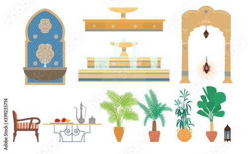 Arabian Palace Garden Elements Flat Vector Illustration. Ornate Fountains, Arch, Potted Tropical Plants, Armchair, Table With Silver Pot And Plate With Fruits, Lanterns. Isolated On White.