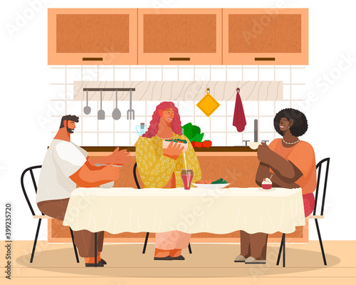 Cheerful company of people man and women in the kitchen room interior having fun, talking, communicating. Friends meeting, characters are sitting at a table eating and drinking, have dinner at home