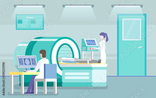 Patient making magnetic resonance imaging in clinic. Doctor looking at computer tomography scan at computer. Doctor assistant adjust machine. Making radiology test in hospital. Diagnostic of body