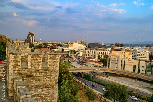 09.08.2018. Skopje, Macedonia. City view from ancient ottoman castle, vardar river and vodno mountain during sunset. © SKahraman