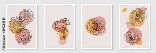 Set of creative minimalist hand draw illustrations floral outline pastel biege simple shape for wall decoration, postcard or brochure cover design