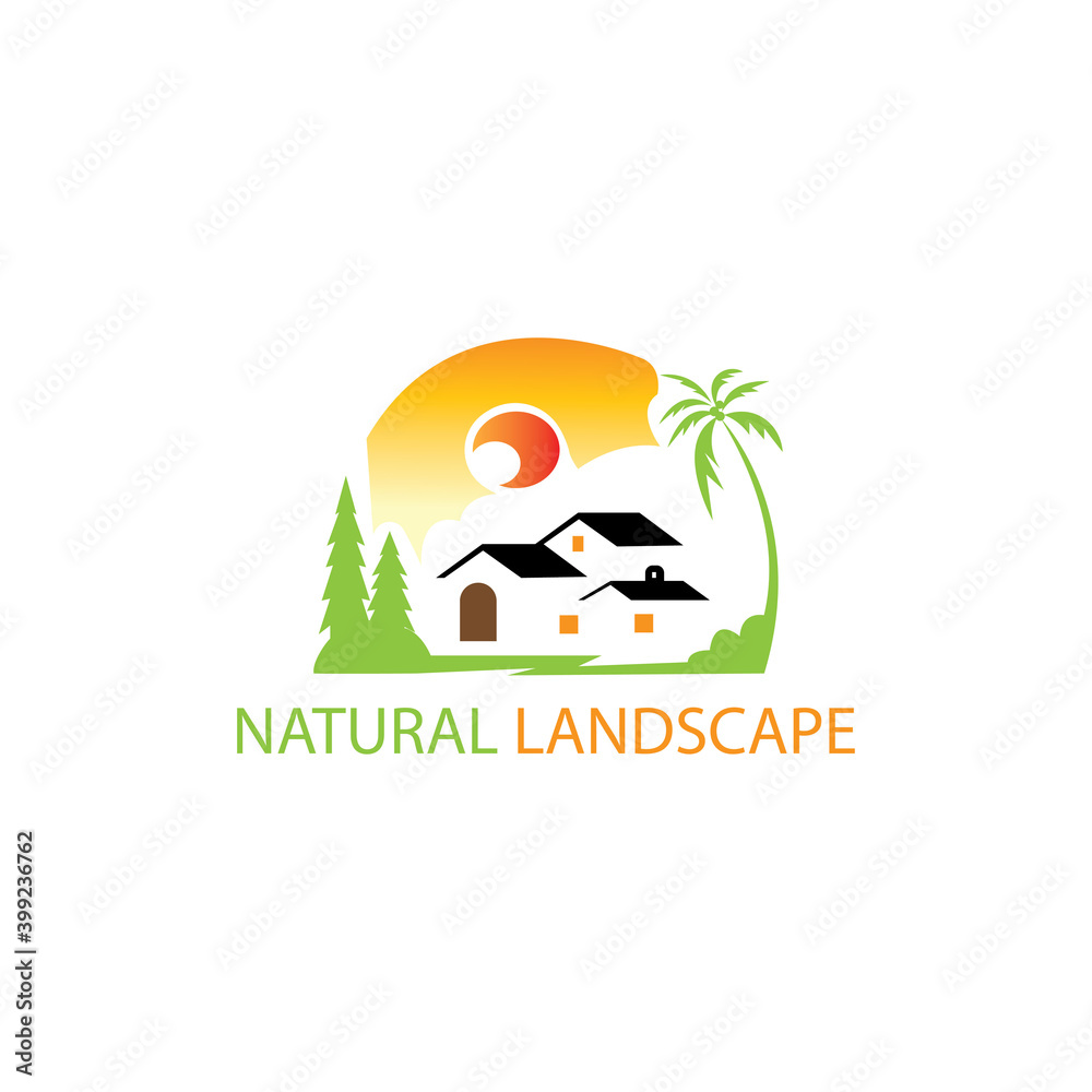 ladscape logo mini illustration of house and tree design nature colorful vector