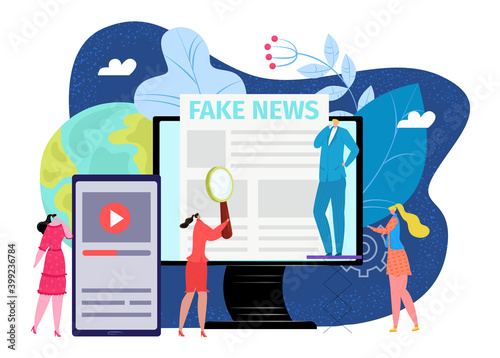 Online internet fake news, information at computer vector illustration. People use social media website at flat laptop, digital communication technology. Breaking news paper, reading headline report.