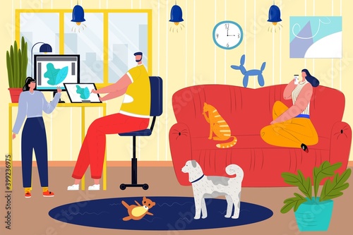 Father work at home, family person together at cartoon scene, vector illustration. Man woman young kid character in room. Happy parent people with cute daughter, flat indoor lifestyle. © creativeteam