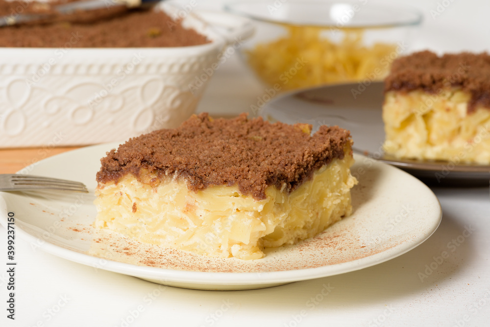 Hanukkah holiday, traditional sweet Kugel pie with noodles and custard, shortbread cocoa crumbs on top. on a light background in a baking dish. pie slices on a plate