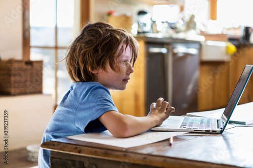 Young boy using his laptop computer at home photo