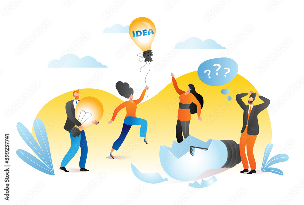 Business creative idea concept, vector illustration. People team group try to catch light bulb, businessman woman character work at success solution. Office communication at background design.