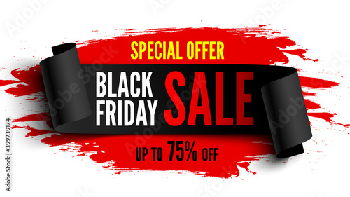 Black friday sale banner with black ribbon and red brush strokes. Vector illustration.