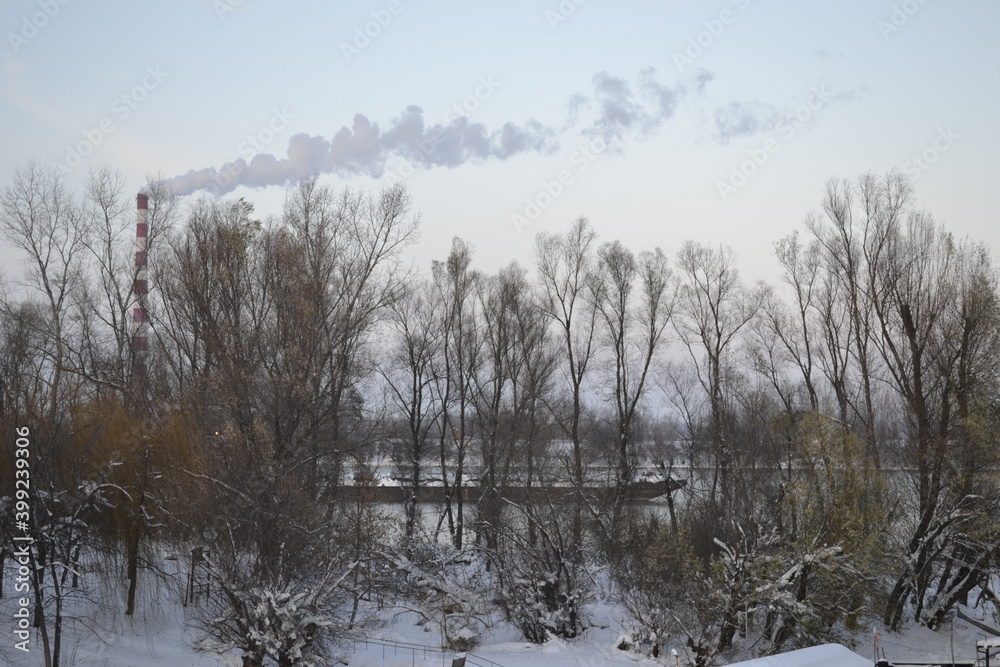 Panorama of the bank of the river Danube with winter cover in December. Panorama of the bank of the river Danube with winter cover in December.