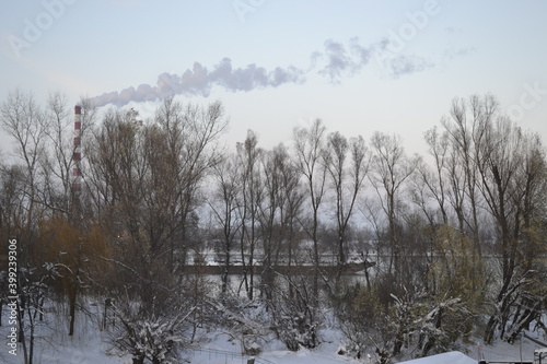 Panorama of the bank of the river Danube with winter cover in December. 