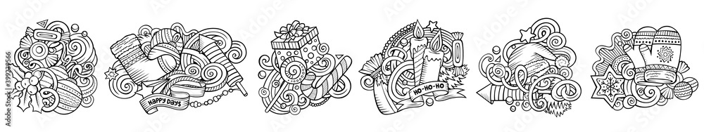 New Year cartoon raster doodle designs set