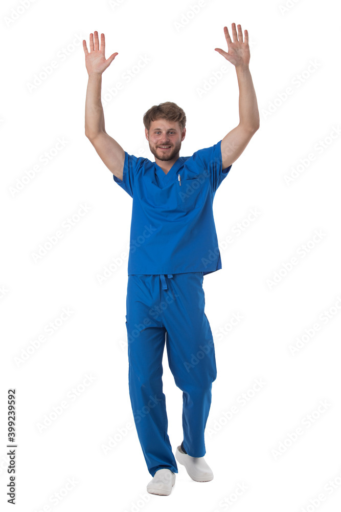 Healthcare worker with raised arms Healthcare worker with raised arms