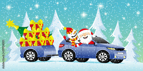 Christmas winter illustration with Santa Claus and snowman in car with gifts.