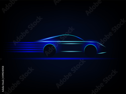 Side view blue neon glowing high of sports car silhouette. Abstract styled vector illustration. ESP10