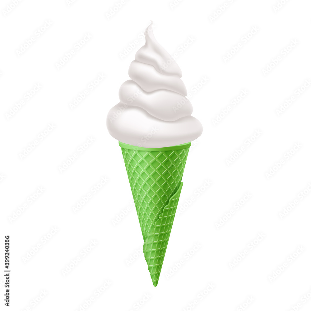 Delicious Vanilla Ice Cream in Lime Waffle Cone. Street Fast Food, Sweet Milky Dessert Creative illustration Isolated on White Background