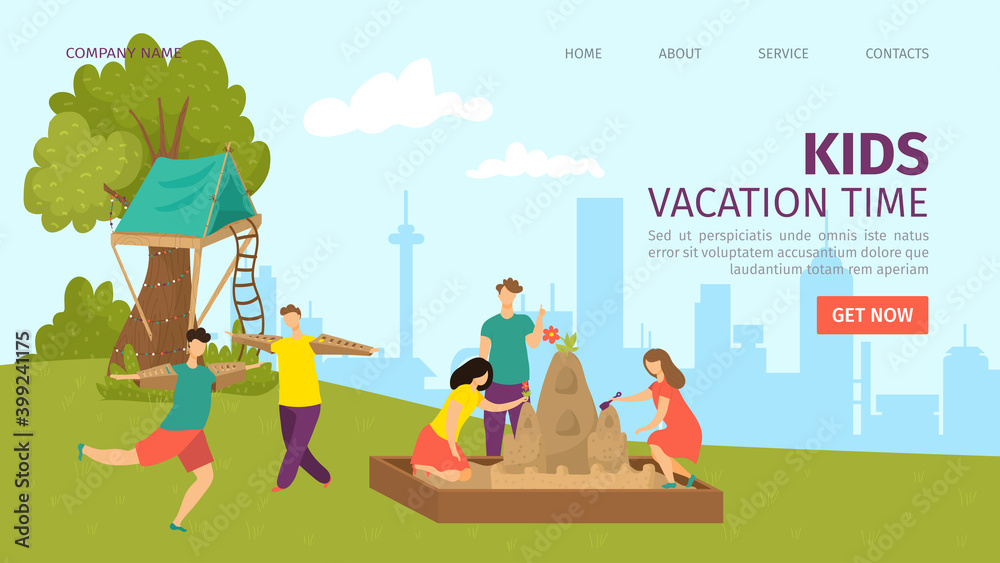 Fototapeta premium Kids vacation time, cartoon children have fun outdoor vector illustration. Child character activity, template banner. Kid playing at flat summer park, kindergarten playground website.