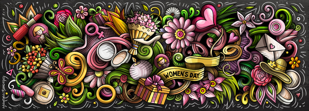 Naklejka premium Happy Womens Day hand drawn cartoon doodles illustration. Colorful raster banner
