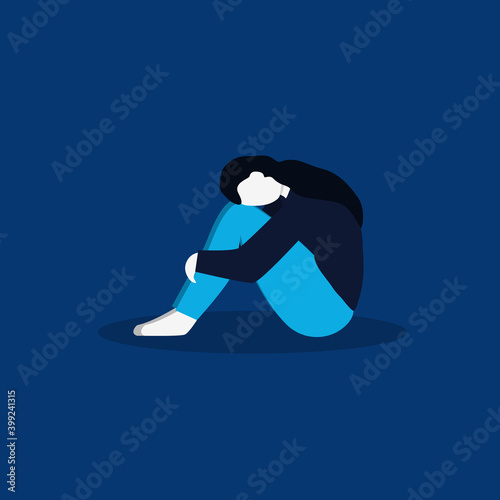 Sad, unhappy lonely woman sitting and hugging her knees in dark room. Depressed young girl concept. Teenager in depression. Vector illustration in flat style.