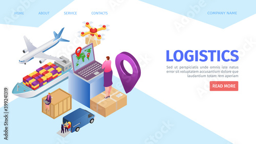 Delivery service landing page, vector illustration. Logistic business with box transportation online isometric concept. Transport at web site, truck shipping cargo for people template banner.