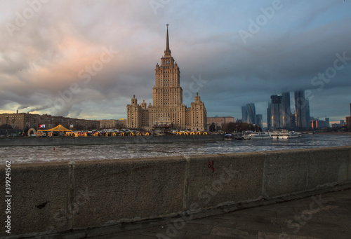 Dawn in Moscow. View from Krasnopresnenskaya embankment to the hotel Ukraine. 