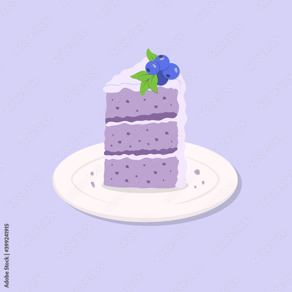 Colorful sweet cake slice. A piece of cake for party, happy birthday,  weddings, celebrations, greeting, invitation cards. Blueberry cake on  plate. Vector illustration in cartoon flat style. Stock Vector | Adobe Stock