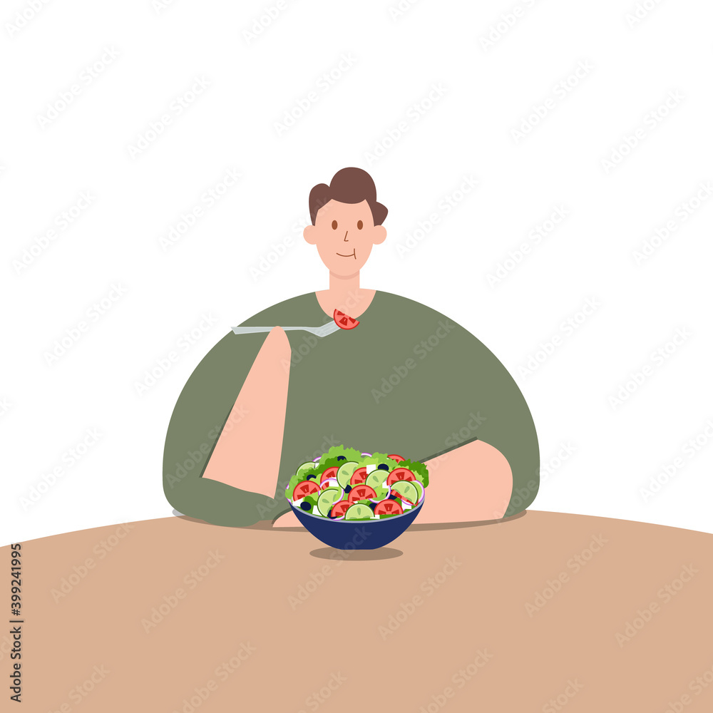 Man is eating salad. Healthy and vegan food diet concept. Fat people balancing healthy life. Proper nutrition and healthy lifestyle. Vegetarian. Vector illustration in cartoon flat style. Man is eating salad. Healthy and vegan food diet concept. Fat people balancing healthy life. Proper nutrition and healthy lifestyle. Vegetarian. Vector illustration in cartoon flat style.